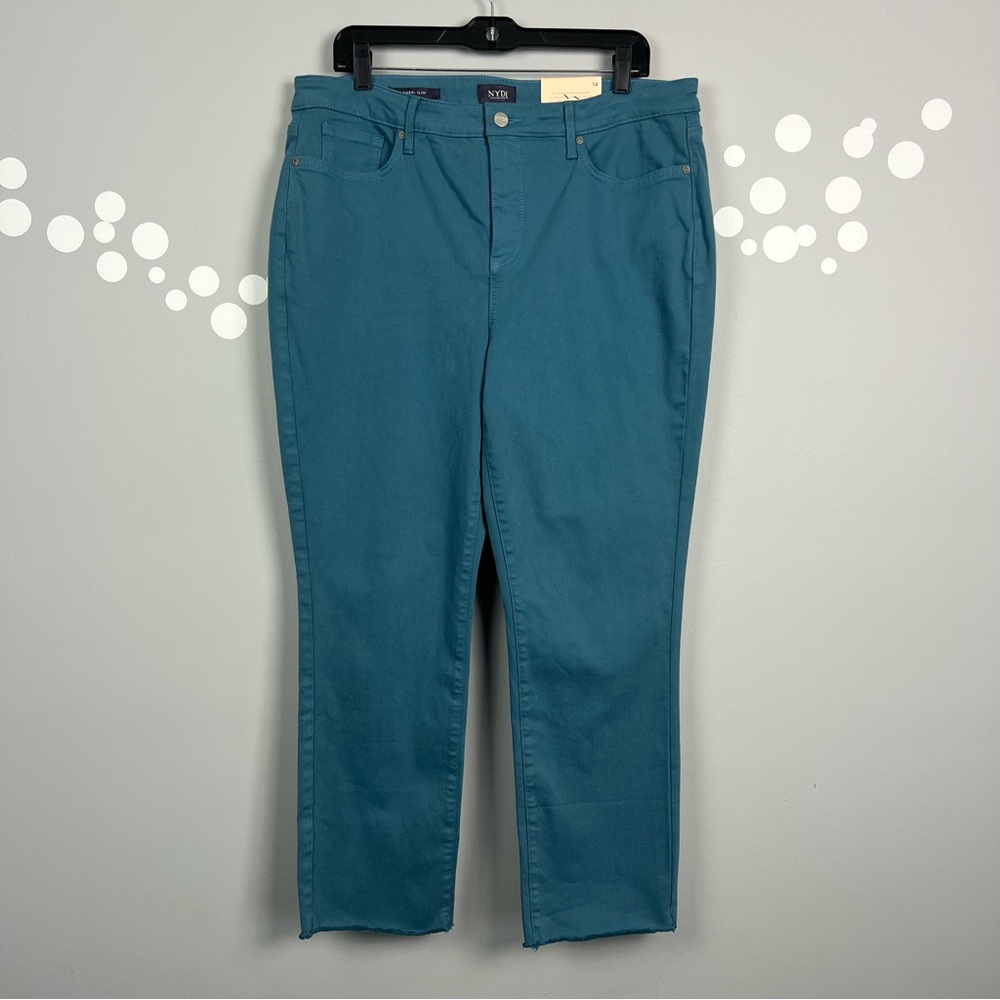 NWT NJDJ Sheri Slim Ankle Jeans Size 14 Teal Blue Frayed Hem
